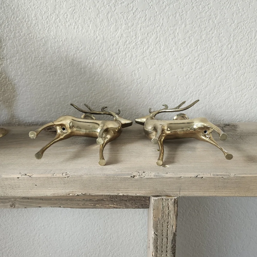 Lot of 2 Pottery Barn Brass Reindeer Candle Holders - Heavy Brass